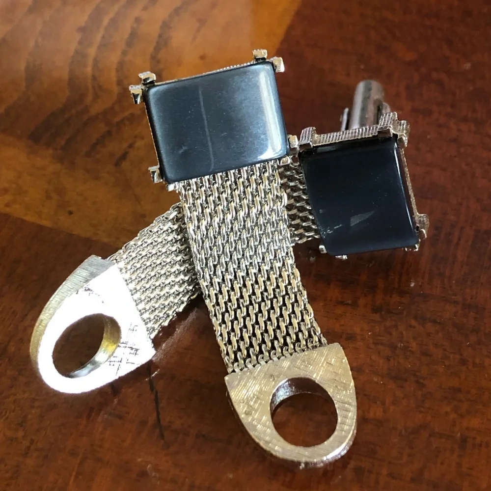 Vintage Swank hematite silver mesh wrap style cuff links